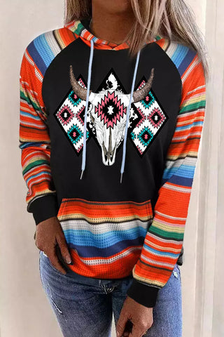 ***CLEARANCE *** Multicolor Western Steer Head Aztec Serape Patchwork Pocketed Hoodie