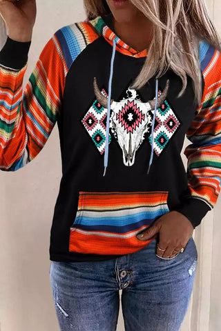 ***CLEARANCE *** Multicolor Western Steer Head Aztec Serape Patchwork Pocketed Hoodie