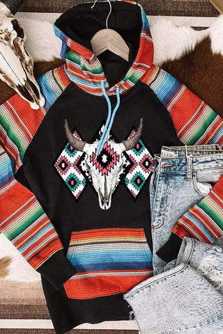 ***CLEARANCE *** Multicolor Western Steer Head Aztec Serape Patchwork Pocketed Hoodie