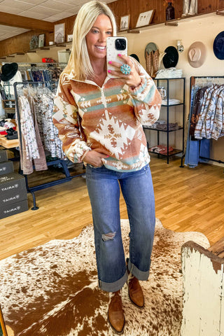 CLEARANCE Quarter Zip Elastic Cuffs Aztec Sweatshirt