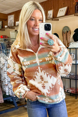 CLEARANCE Quarter Zip Elastic Cuffs Aztec Sweatshirt