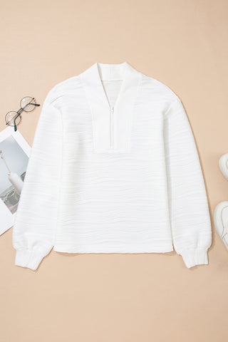 White Solid Color Textured Zip V Neck Pullover Sweatshirt