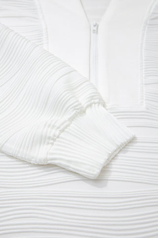 White Solid Color Textured Zip V Neck Pullover Sweatshirt