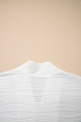 White Solid Color Textured Zip V Neck Pullover Sweatshirt