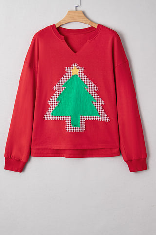 Fiery Red Plaid Frayed Double Christmas Tree Patched Drop Shoulder Sweatshirt