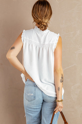 CLEARANCE White Smocked Button Front V Neck Sleeveless Shirt