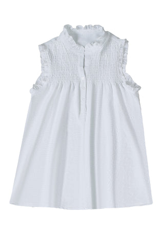 CLEARANCE White Smocked Button Front V Neck Sleeveless Shirt