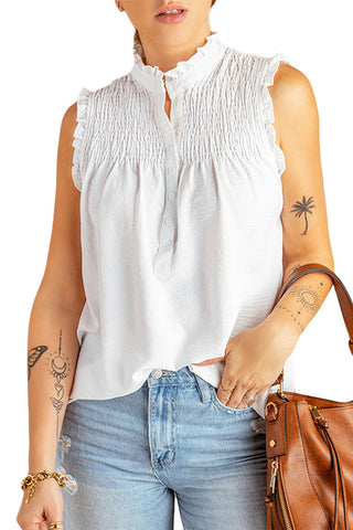 CLEARANCE White Smocked Button Front V Neck Sleeveless Shirt