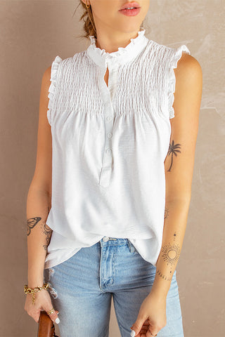 CLEARANCE White Smocked Button Front V Neck Sleeveless Shirt