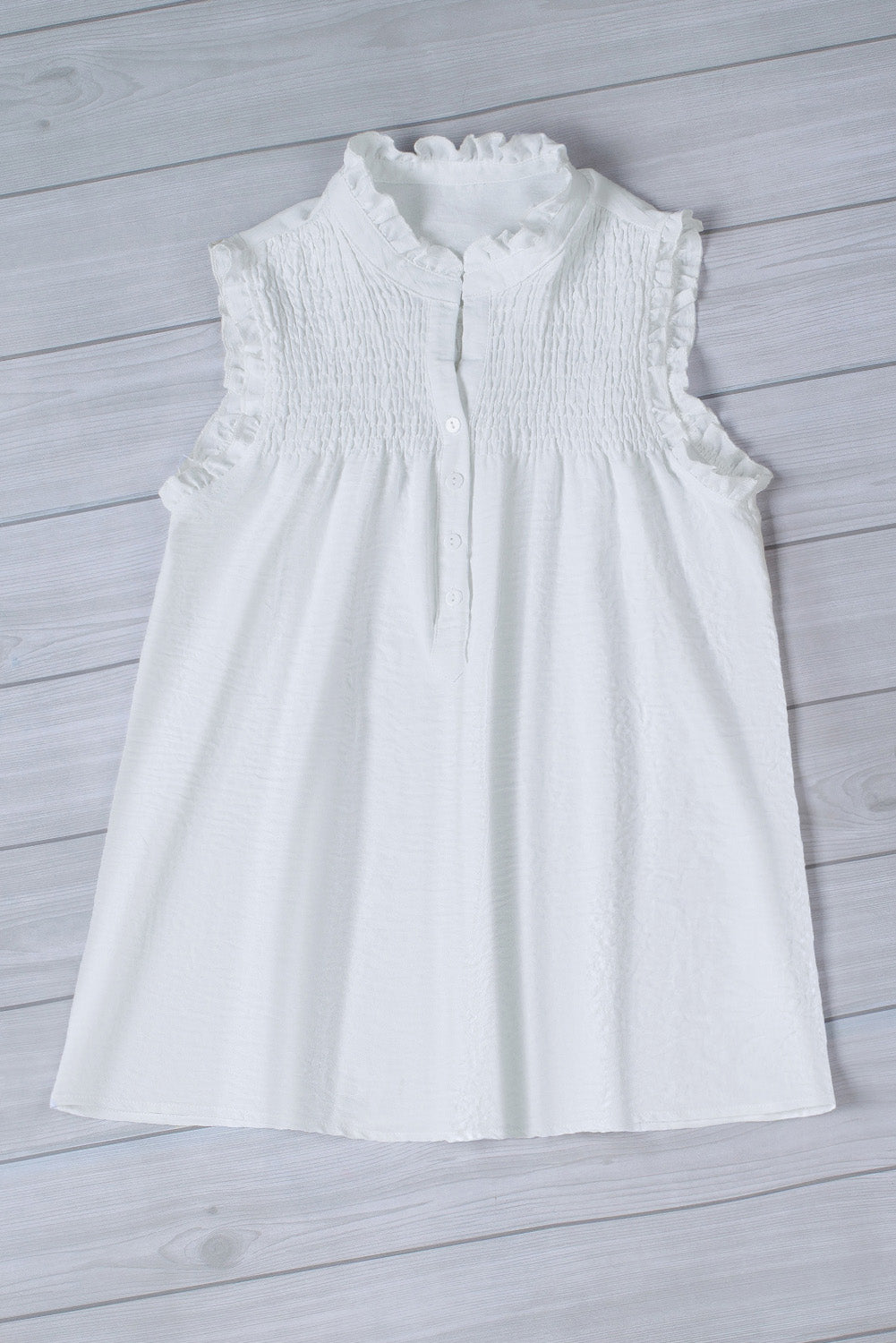 White Smocked Button Front V Neck Sleeveless Shirt