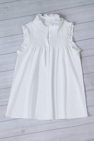 CLEARANCE White Smocked Button Front V Neck Sleeveless Shirt