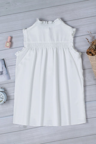 CLEARANCE White Smocked Button Front V Neck Sleeveless Shirt