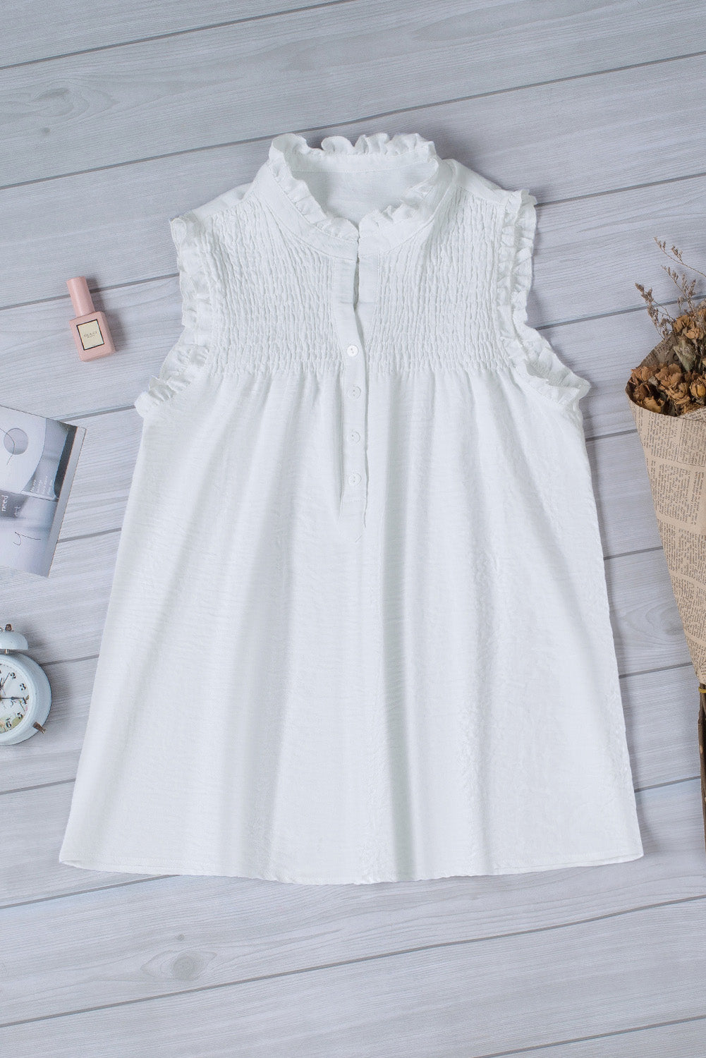 White Smocked Button Front V Neck Sleeveless Shirt