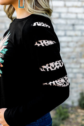 CLEARANCE Sleeve Serape Leopard Sunflower Graphic Sweatshirt