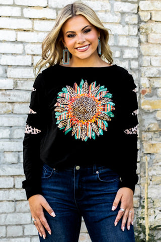 CLEARANCE Sleeve Serape Leopard Sunflower Graphic Sweatshirt