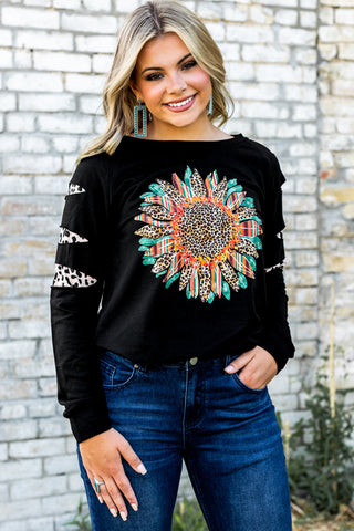 CLEARANCE Sleeve Serape Leopard Sunflower Graphic Sweatshirt