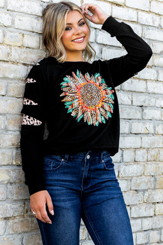 CLEARANCE Sleeve Serape Leopard Sunflower Graphic Sweatshirt