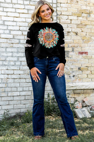 CLEARANCE Sleeve Serape Leopard Sunflower Graphic Sweatshirt