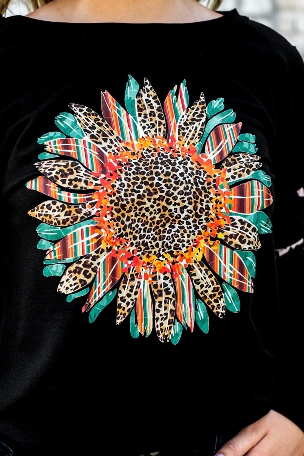 Ripped Sleeve Serape Leopard Sunflower Graphic Sweatshirt