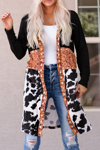 CLEARANCE Black Western Pattern Cow Patchwork Open Front Cardigan