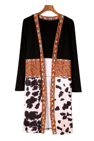 CLEARANCE Black Western Pattern Cow Patchwork Open Front Cardigan