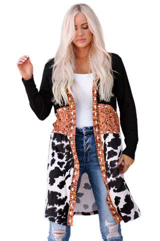 CLEARANCE Black Western Pattern Cow Patchwork Open Front Cardigan