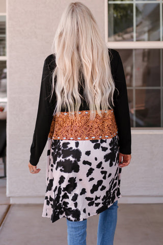 CLEARANCE Black Western Pattern Cow Patchwork Open Front Cardigan