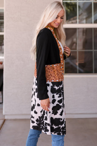 CLEARANCE Black Western Pattern Cow Patchwork Open Front Cardigan