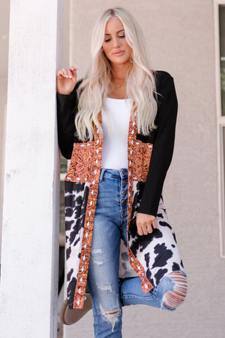 CLEARANCE Black Western Pattern Cow Patchwork Open Front Cardigan