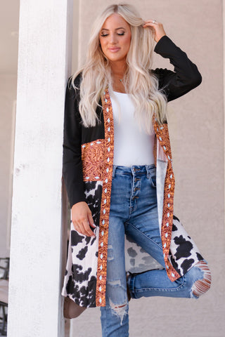CLEARANCE Black Western Pattern Cow Patchwork Open Front Cardigan