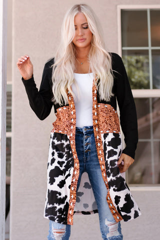 CLEARANCE Black Western Pattern Cow Patchwork Open Front Cardigan