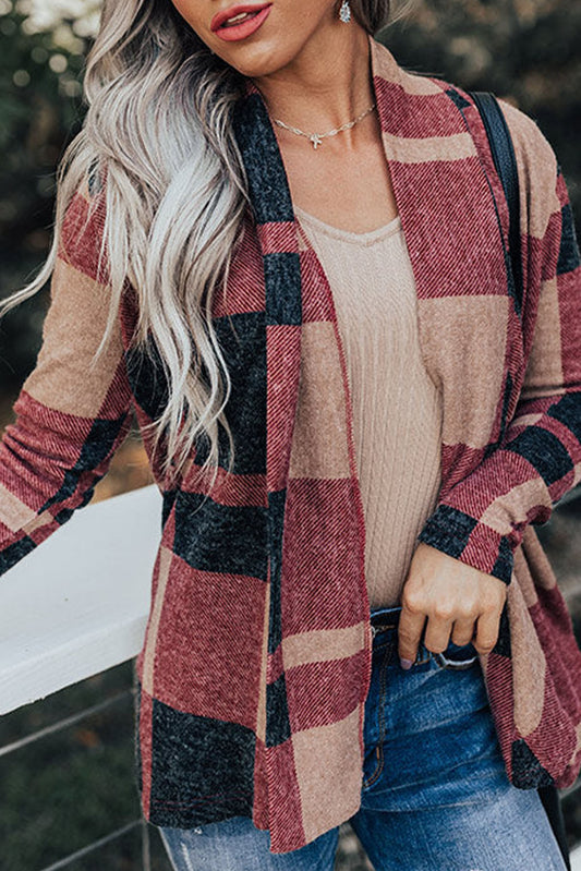 Red Plaid Casual Draped Open Front Cardigan