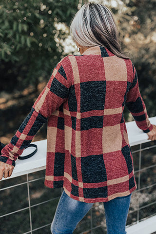 CLEARANCE Plaid Casual Draped Open Front Cardigan