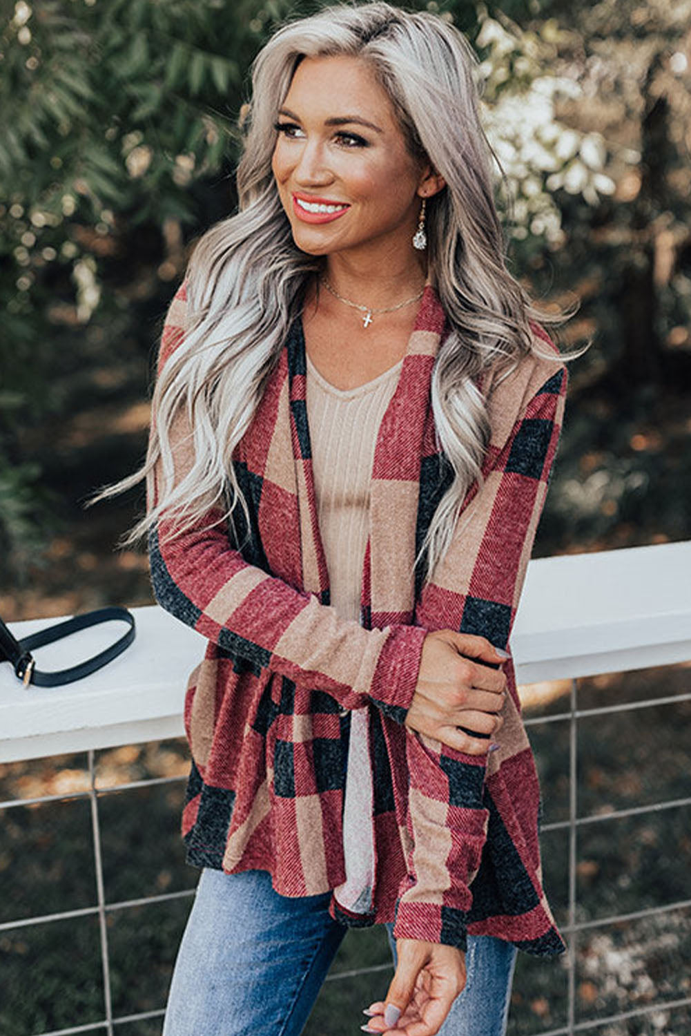 Red Plaid Casual Draped Open Front Cardigan