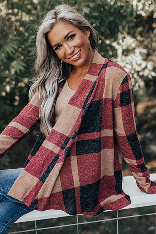CLEARANCE Plaid Casual Draped Open Front Cardigan