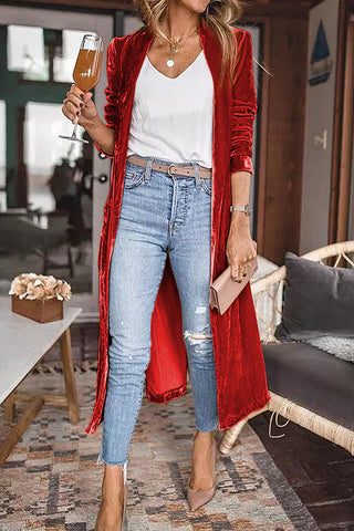 CLEARANCE Velvet Elegant Open Front Pocket Long Cardigan