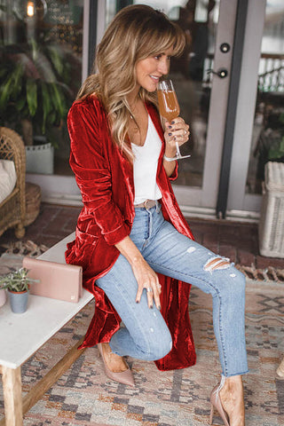 CLEARANCE Velvet Elegant Open Front Pocket Long Cardigan