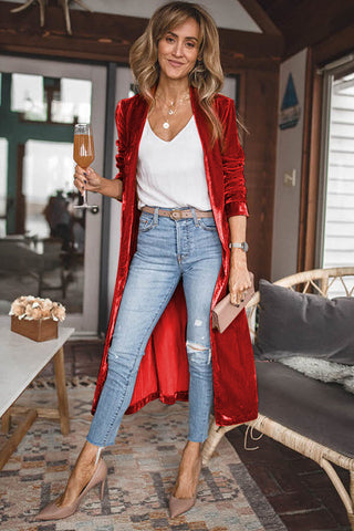 CLEARANCE Velvet Elegant Open Front Pocket Long Cardigan