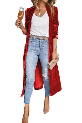 CLEARANCE Velvet Elegant Open Front Pocket Long Cardigan