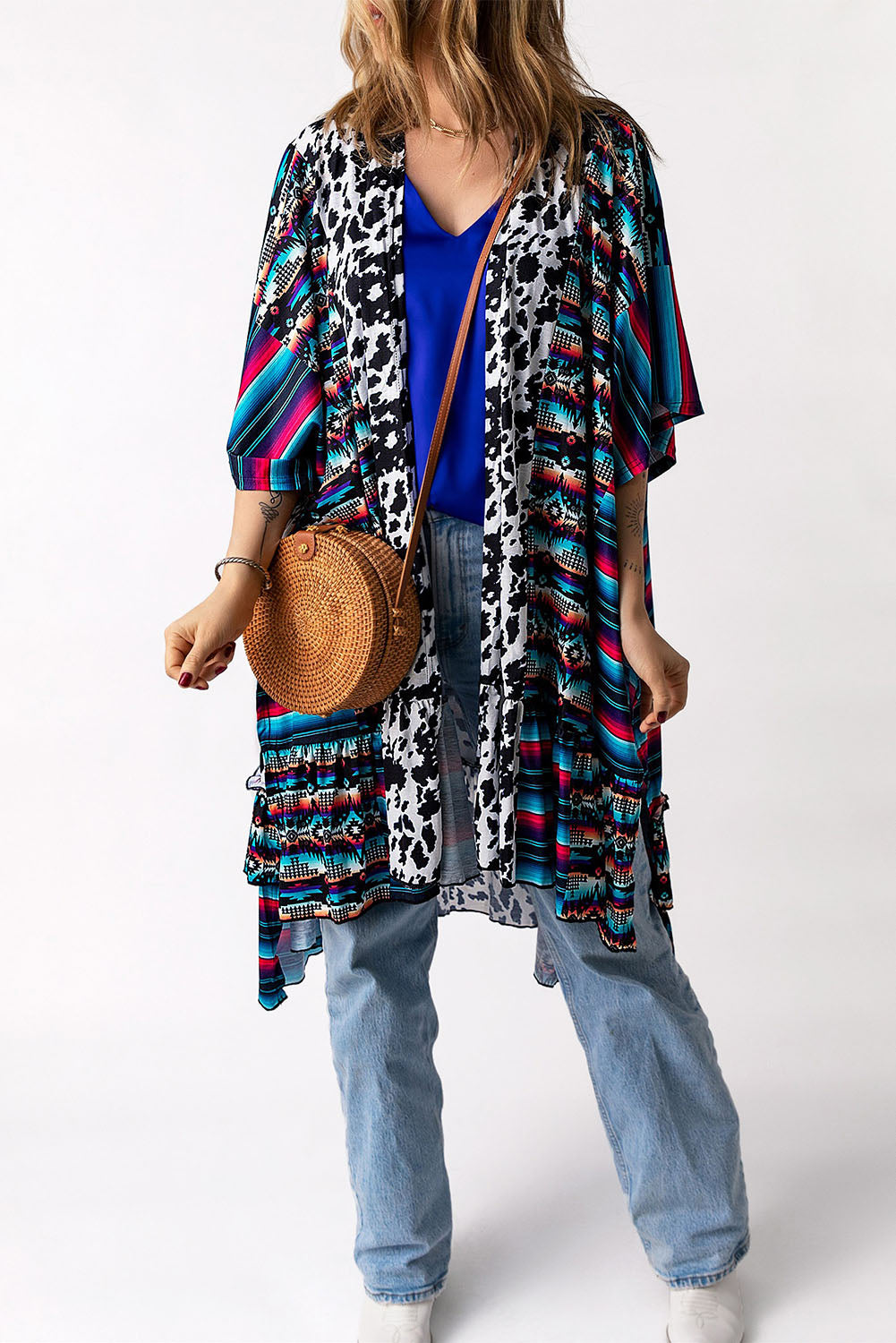 Multicolor Cow Serape Aztec Print Kimono Cardigan