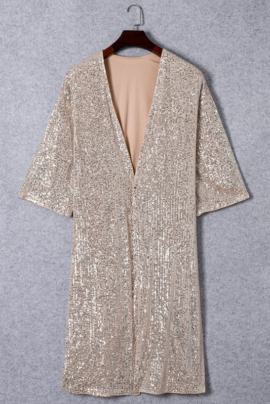 Apricot Sequin 3/4 Sleeve Open Front Duster Kimono