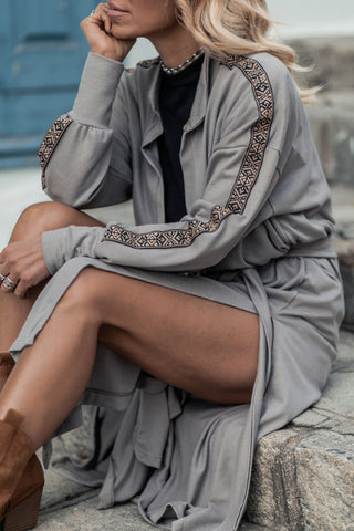 CLEARANCE Grey Aztec Accent Side Slit Open Front Long Cardigan