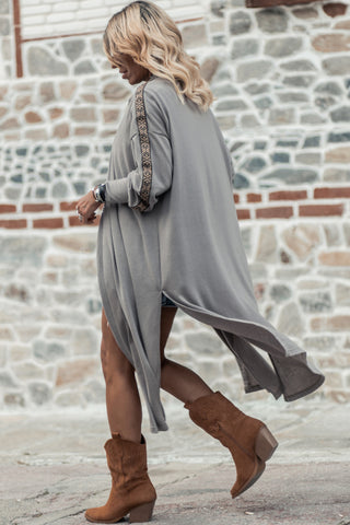 CLEARANCE Grey Aztec Accent Side Slit Open Front Long Cardigan