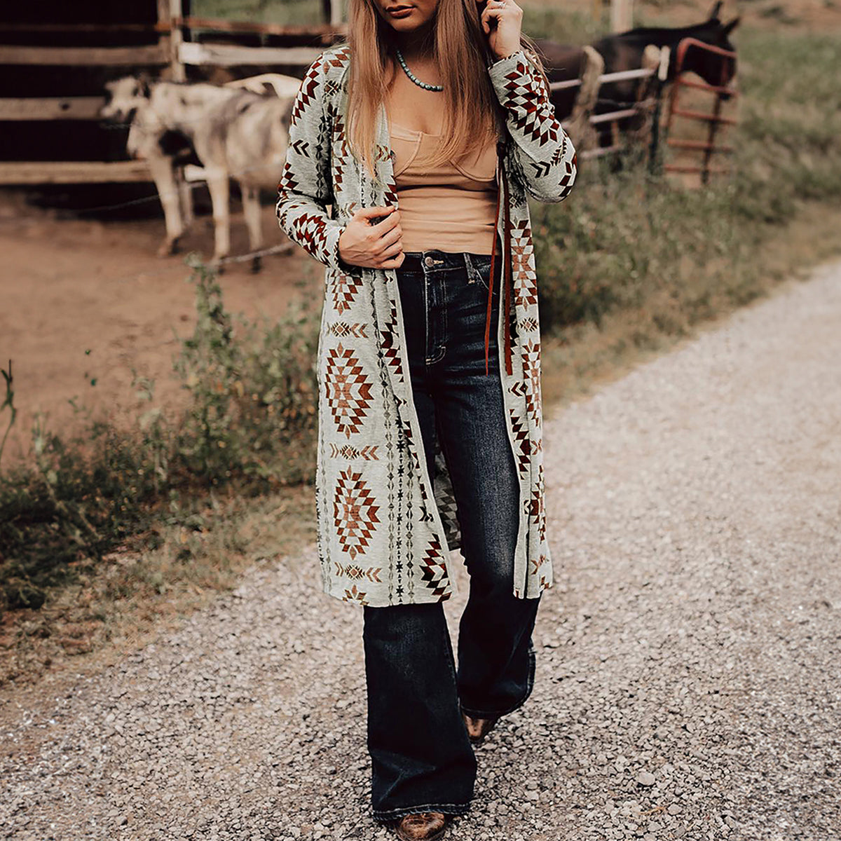 Brown Western Aztec Printed Open Front Long Cardigan