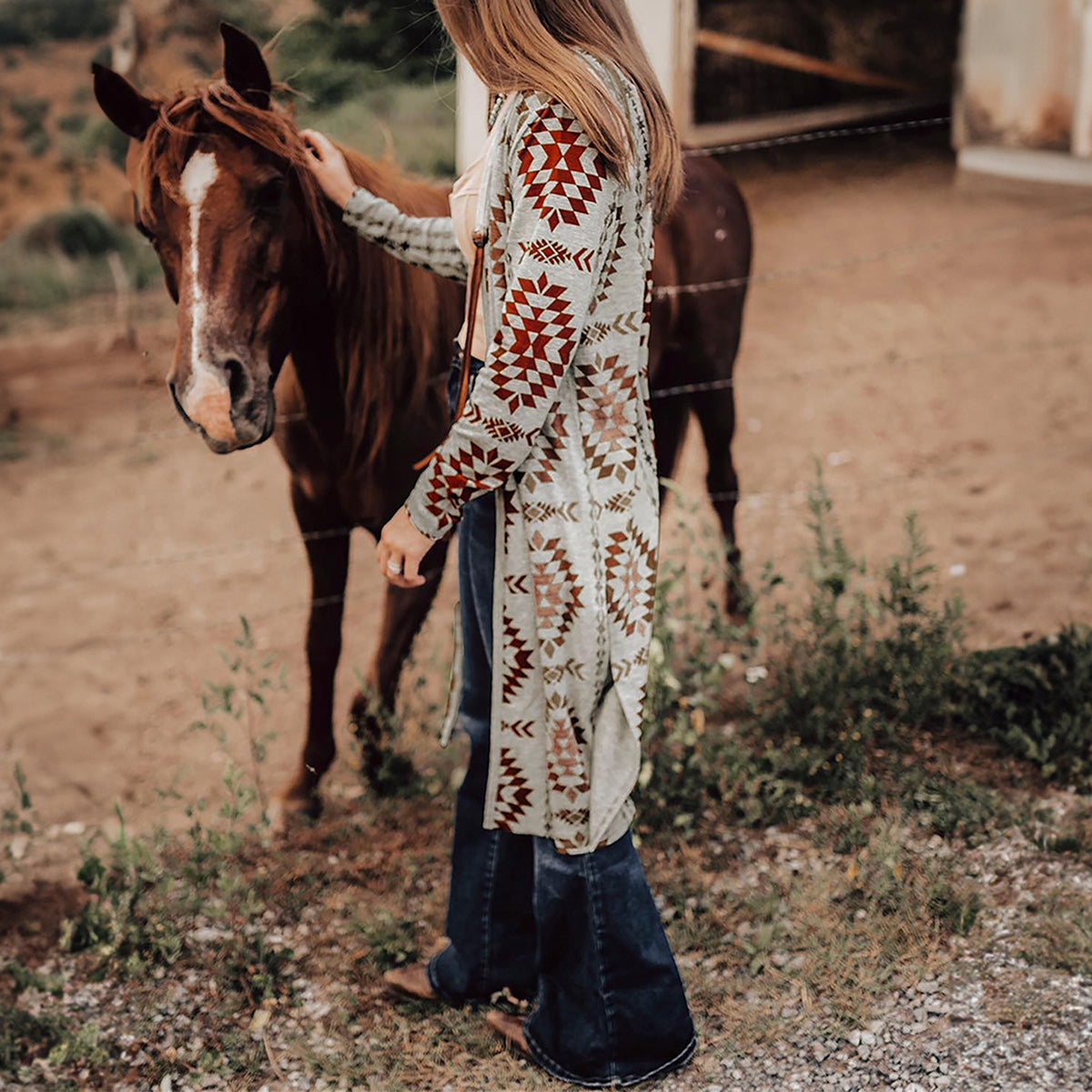 Brown Western Aztec Printed Open Front Long Cardigan