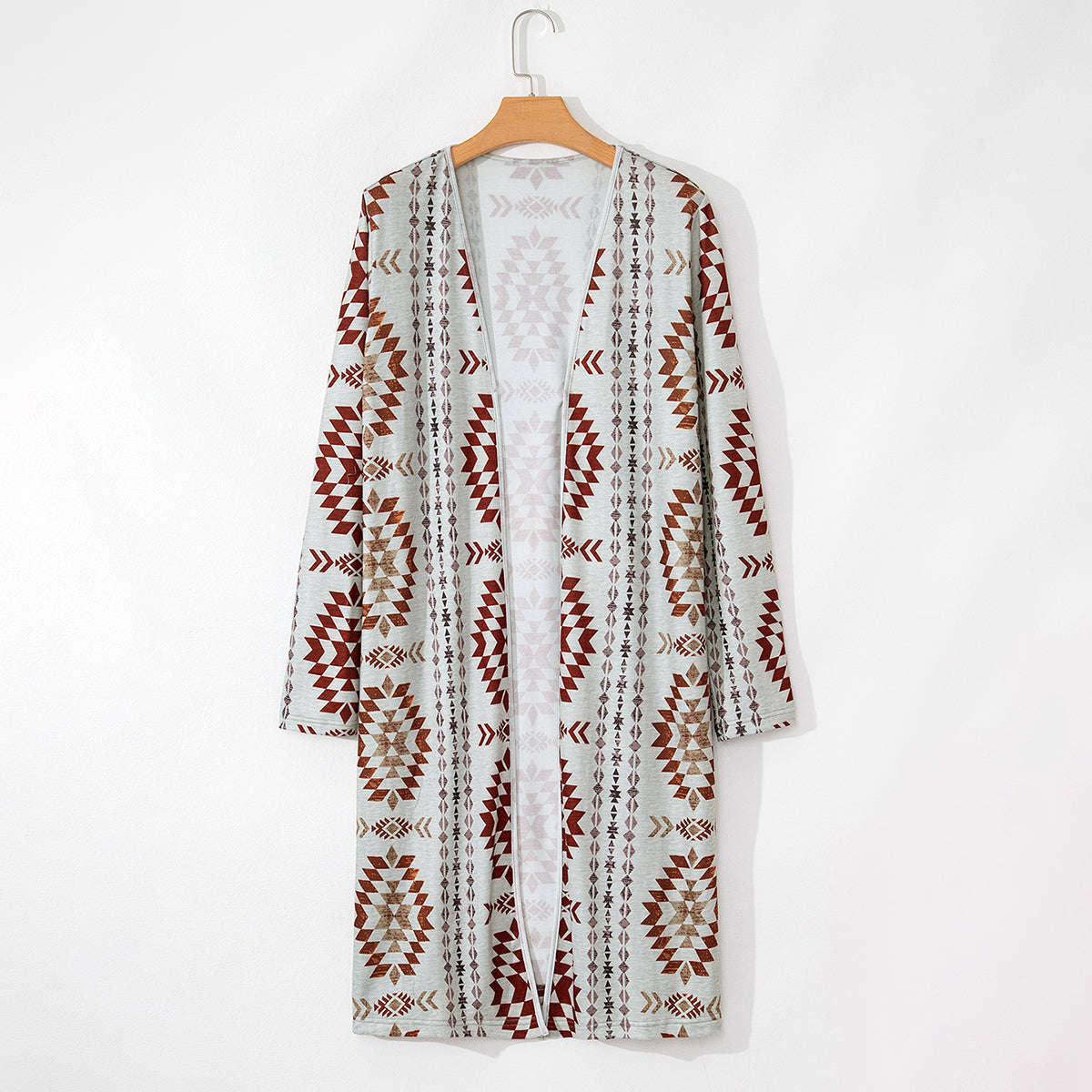 Brown Western Aztec Printed Open Front Long Cardigan