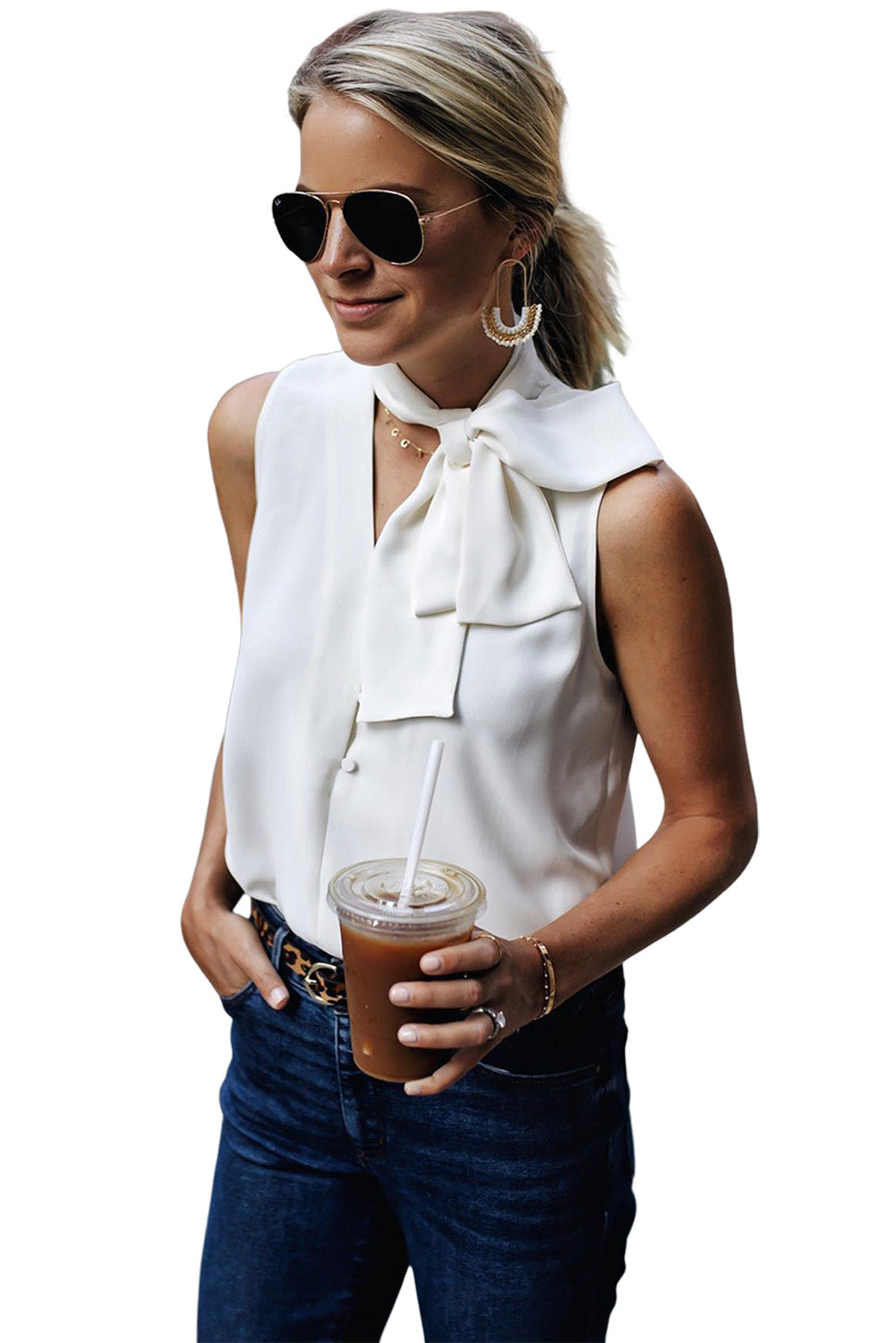 White Bow Tie V Neck Casual Sleeveless Shirt