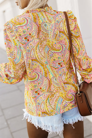 CLEARANCE  Yellow Paisley Print Ruffled Trim Boho Shirt
