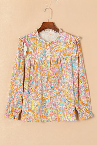CLEARANCE  Yellow Paisley Print Ruffled Trim Boho Shirt