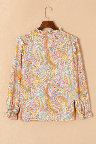 CLEARANCE  Yellow Paisley Print Ruffled Trim Boho Shirt